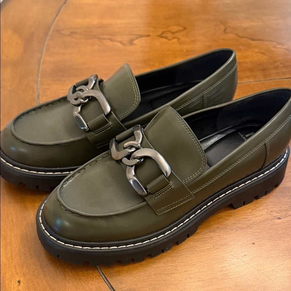 Marc Fisher Olive Green Chain-Accent Leather Loafers